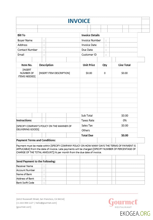 Modèle de facture vierge de restaurant